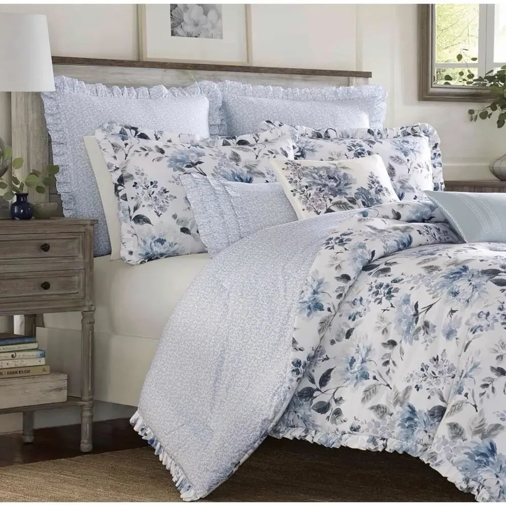 Laura Ashley Chloe 2 Pce. Twin Duvet Cover Set Reversible Floral Cotton Blue